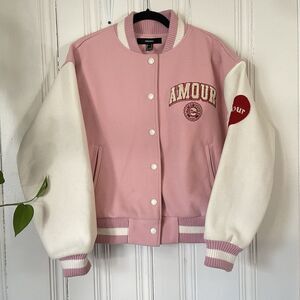 Forever 21 Women’s Pink White Amour Paris Varsity Bomber Jacket Size Small